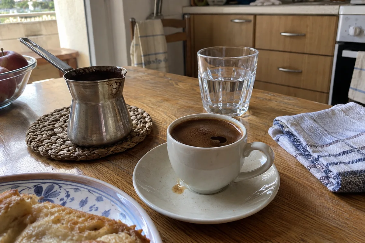 Šolja kafe uz džezvu i čašu vode na kuhinjskom stolu