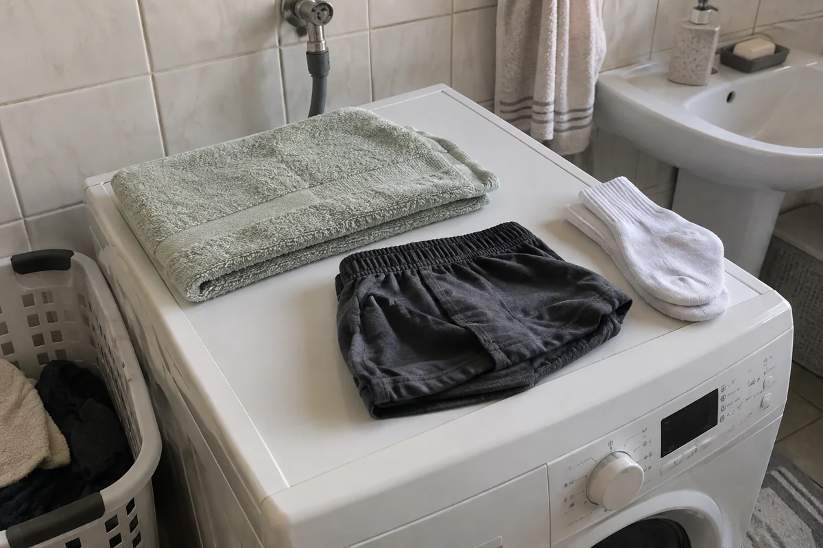 Čisti peškir, čarape i pamučni veš na mašini za pranje u kućnom kupatilu
