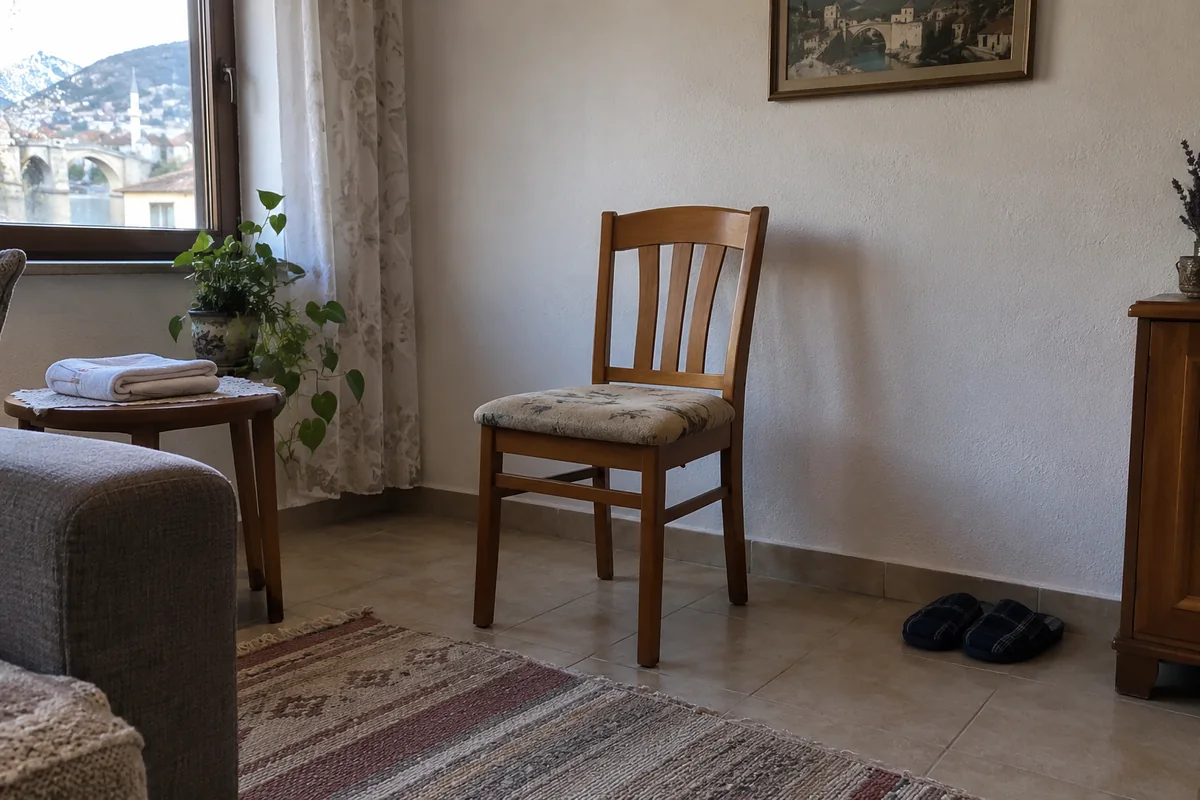 Stabilna stolica u kućnoj sobi kao ilustracija mirnog prostora za sjedeće vježbe