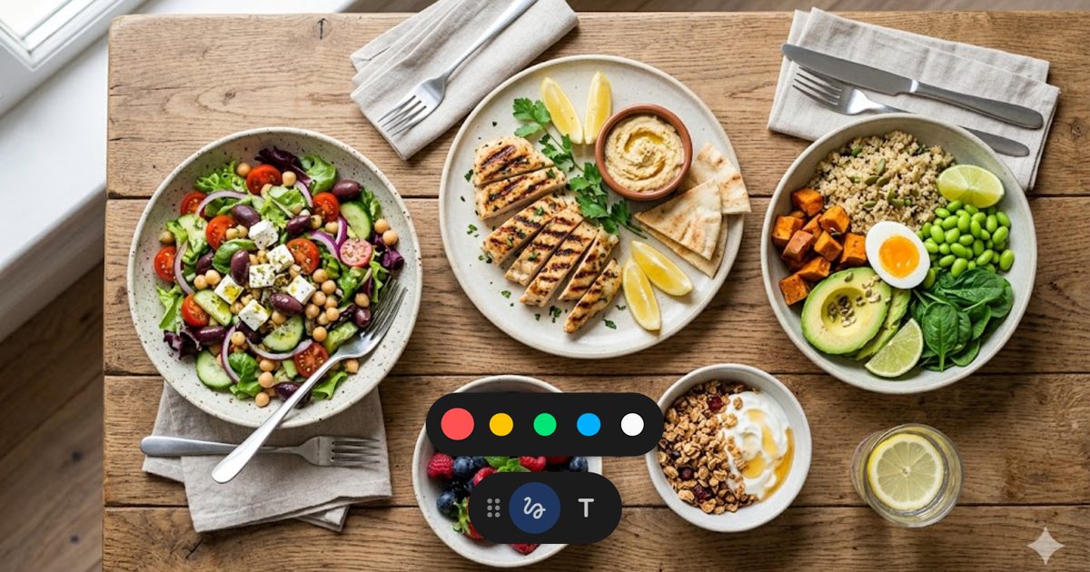 Razna zdrava jela na drvenom stolu - meso, povrće, riba